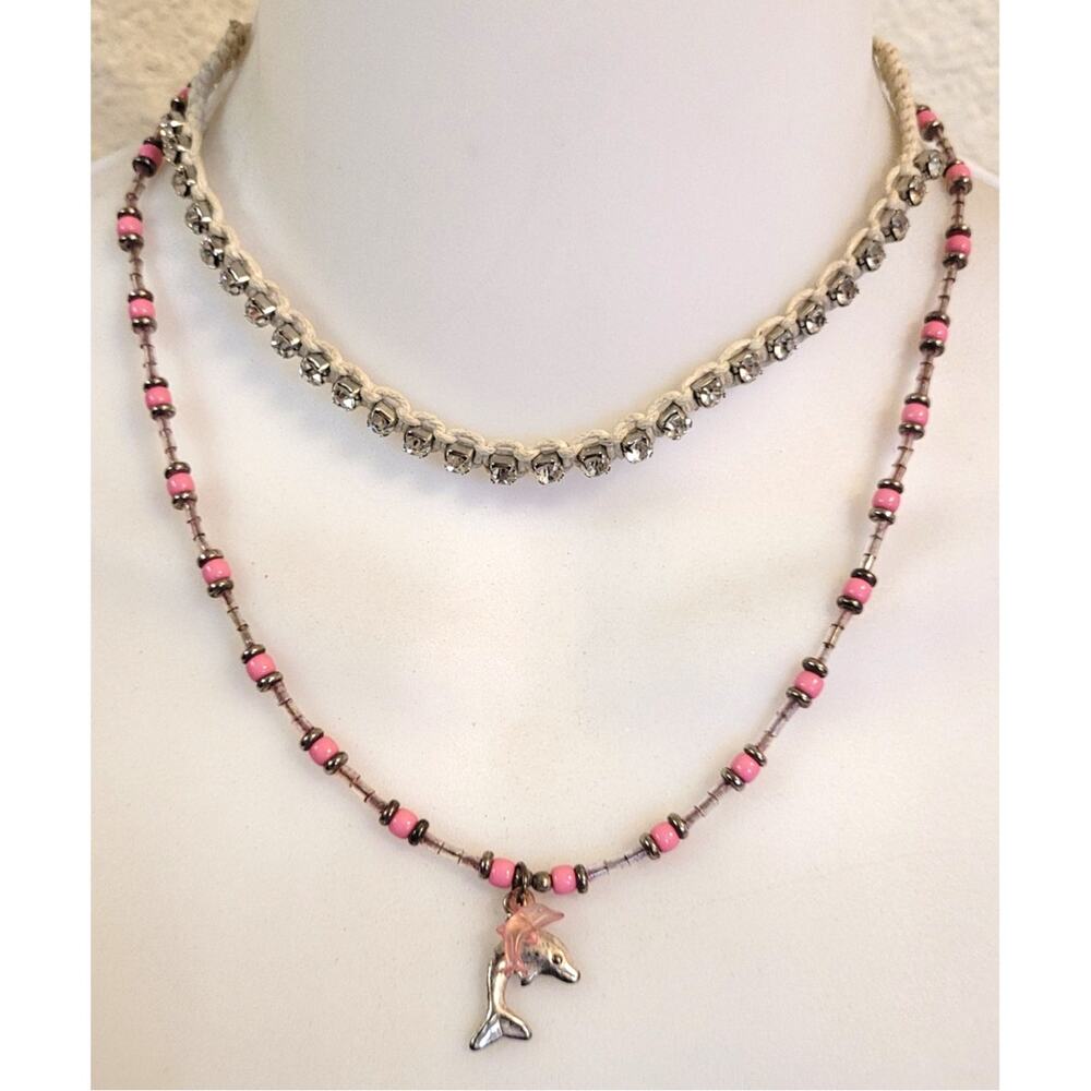 Boho Hippie Beach Necklace Lot Pink Beaded Dolphin Rhinestone Tan Macrame